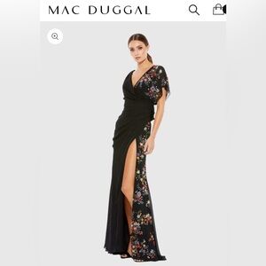 MAC DUGGAL Black Faux Wrap Multi Colored Beaded Floral Gown